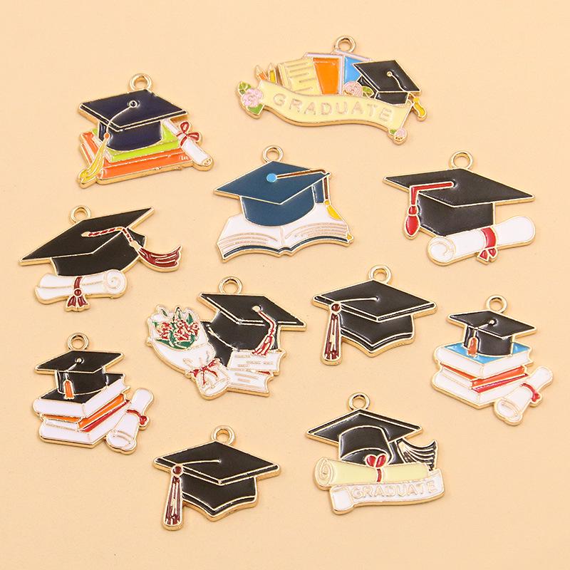 Graduation Season DIY Alloy Enamel Charms: Cap, Flowers, and Book Pendants