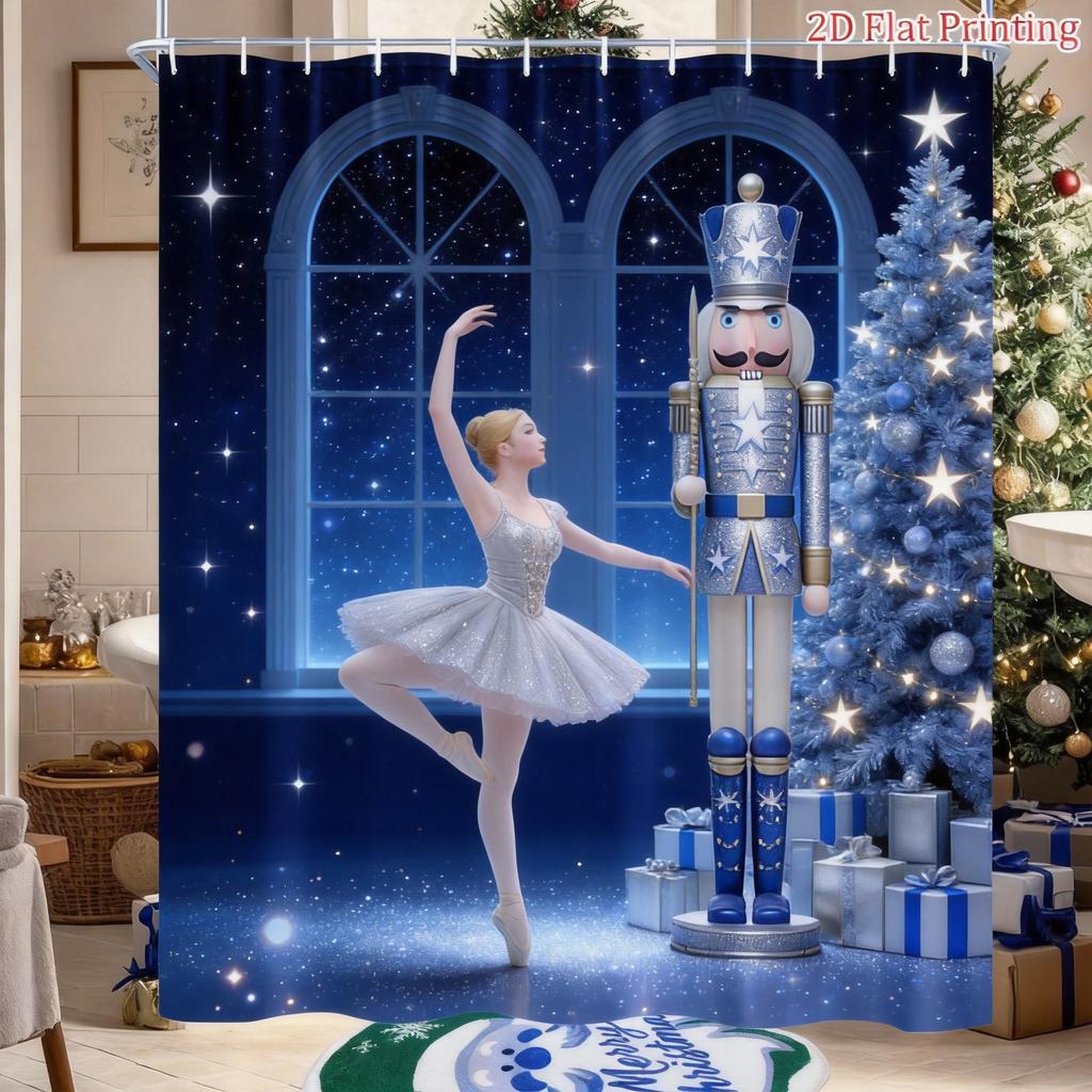 Christmas Ballet Shower Curtain Nutcracker And Tree Print Polyester Bath Curtain With Hooks For Holiday Decor