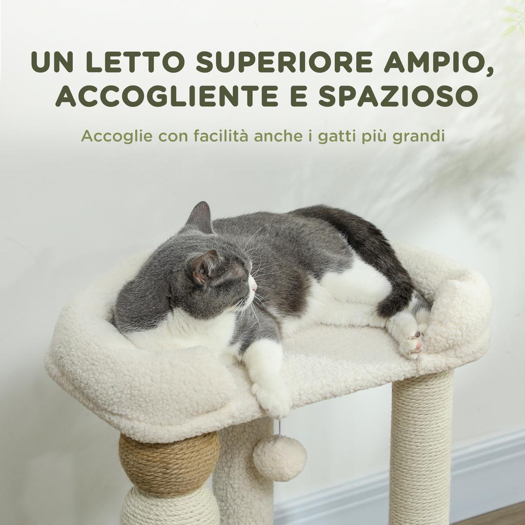 Cat Tower with Bed, Platform and Toy Ball, Made of Wood, Plush and Jute, 48.5x40x76 cm, Beige