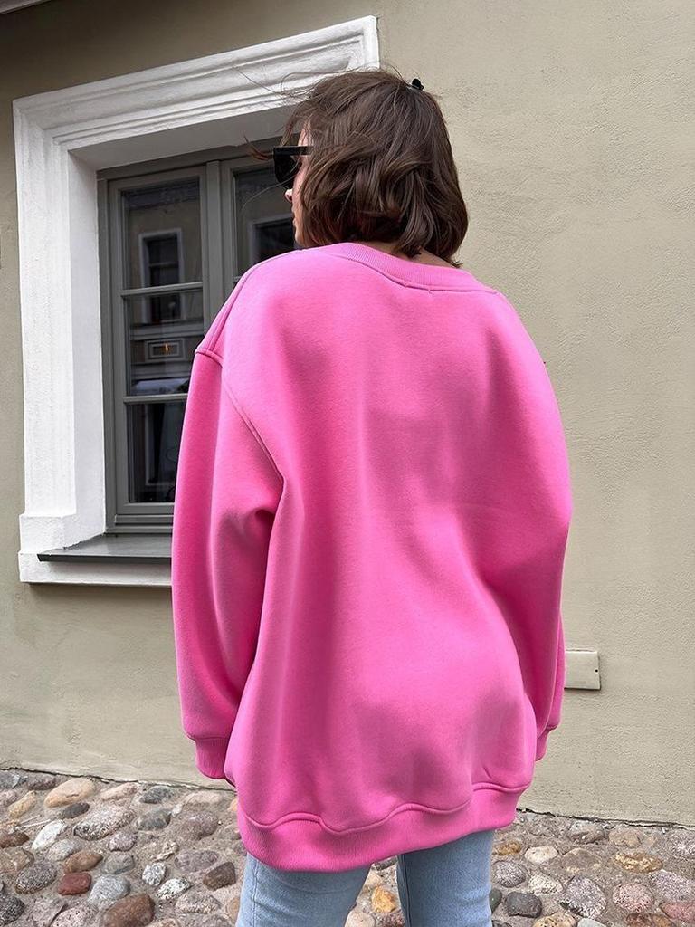 Women's European & American Oversized Fleece Crew Neck Sweatshirt - Solid Color for Autumn/Winter 2025
