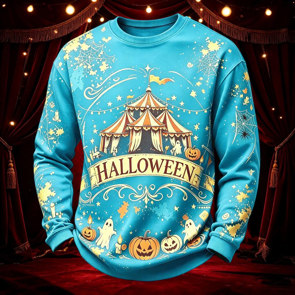 Men's Casual Round Neck Long Sleeve Top with Halloween Print