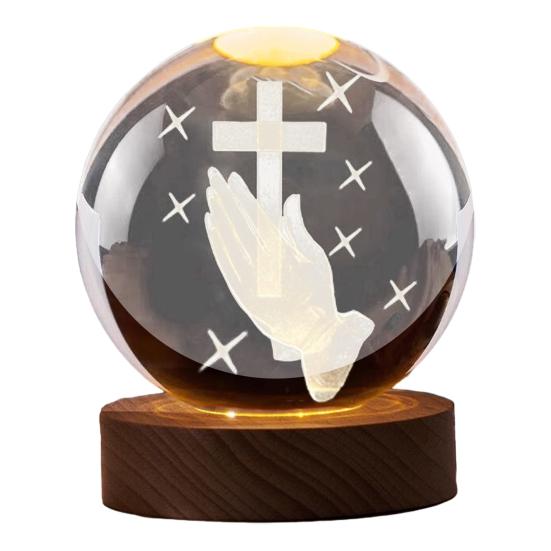 3D Hands Prayer Faux Crystal Ball with Wooden Base Clear Engraved Prayer Hand Ball Night Light Religious Christian Gifts for Women Men