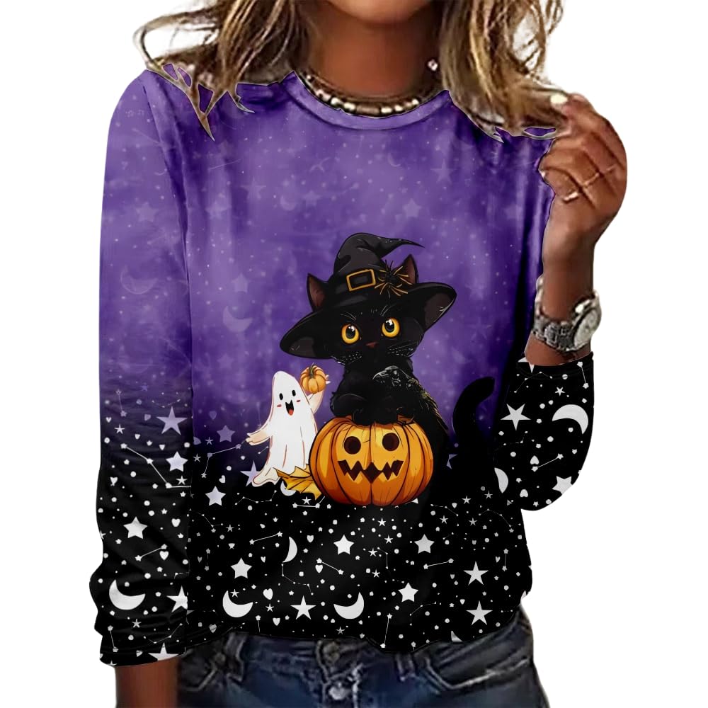 Women's Halloween 3D Printed Pumpkin Face Bat Long Sleeve Shirt Autumn Loose Casual Polyester Round Neck Fashion Casual Top