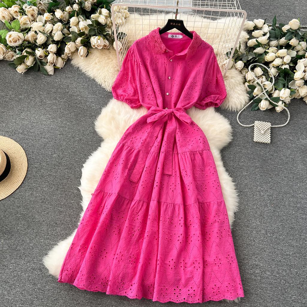 2026 retro embroidery hollow lace lapel breasted slim-fit long age-reducing bubble sleeve dress women