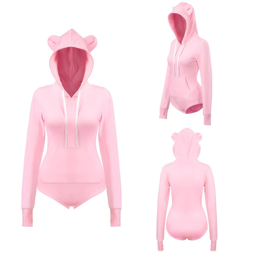LittleForBig Cute Cotton Pajamas Hoodie with Fluffy Bear Long Size L Women's Design, Sleeves, Pink,