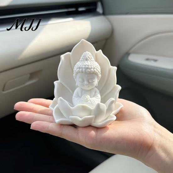 Compact Buddha Statue for Car 3D Printed Mini on Lotus, Sitting Figurine, Meditation Zen Spiritual Ornament Dashboard, Desk, Entryway, Tea Room