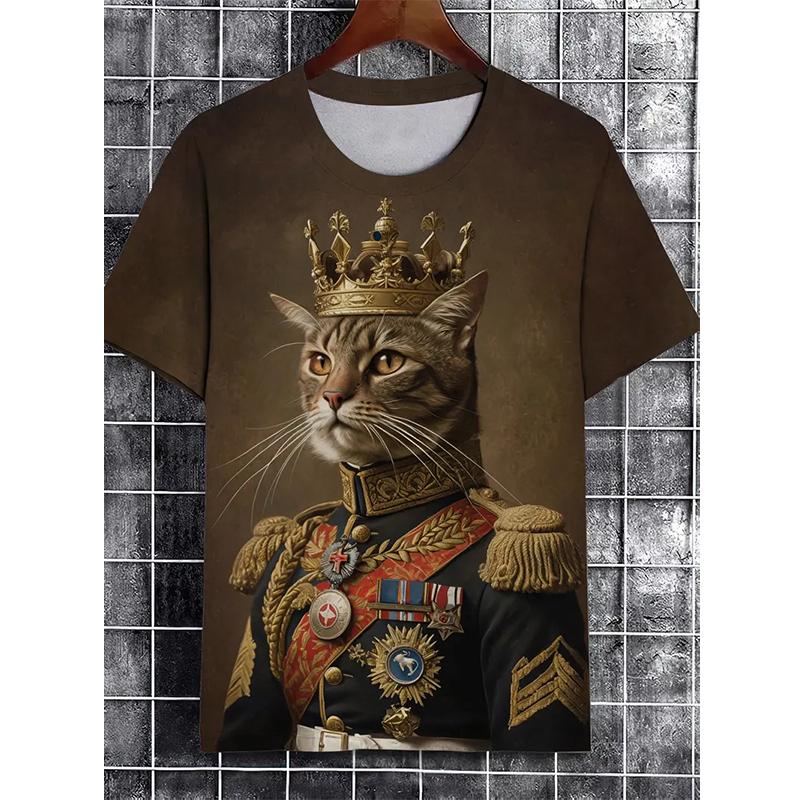 Funny Cat Pattern T-Shirt For Men Personality Animal 3D Printed Vintage Japanese Style T Shirts Summer Short Sleeved Casual Tees