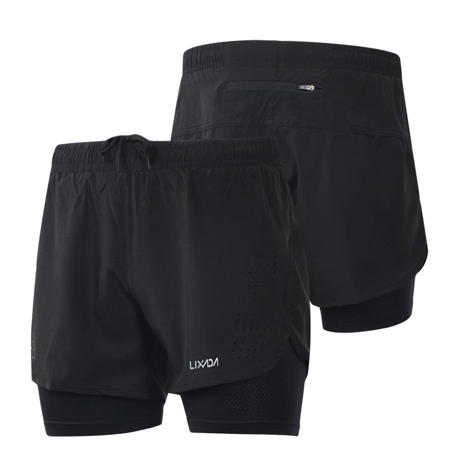 Lixada 2-in-1 hardloopshort voor heren, sneldrogend, ademend, actieve trainingsoefening, joggen, fietsen S zwart