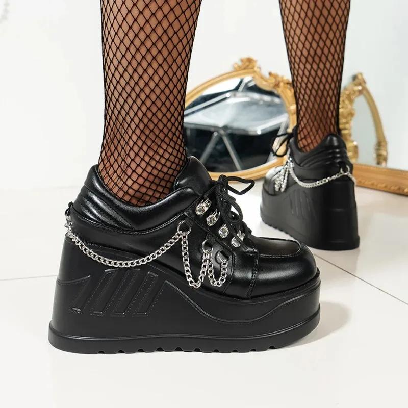 Fashion 2025 New Size 42 Black Lace Up Buckle Wedges Platform Women's Sneakers Thick Bottom Fashion Gothic Punk Shoes Zapatos Mujer