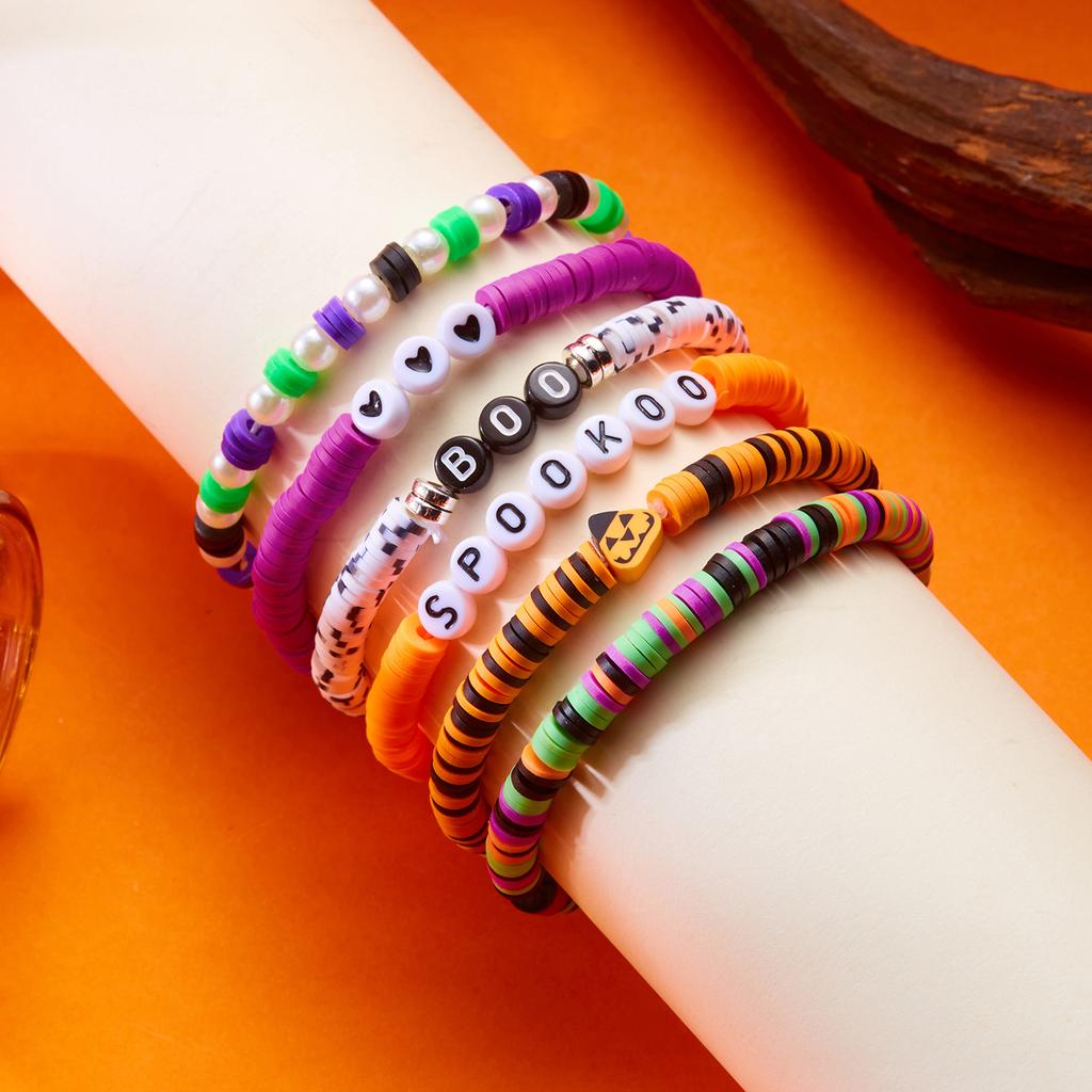 Halloween Gothic Skull Bat Bracelets for Women Handmade Polymer Clay Beaded Pumpkin Pendant Bracelet Party Jewelry Accessories