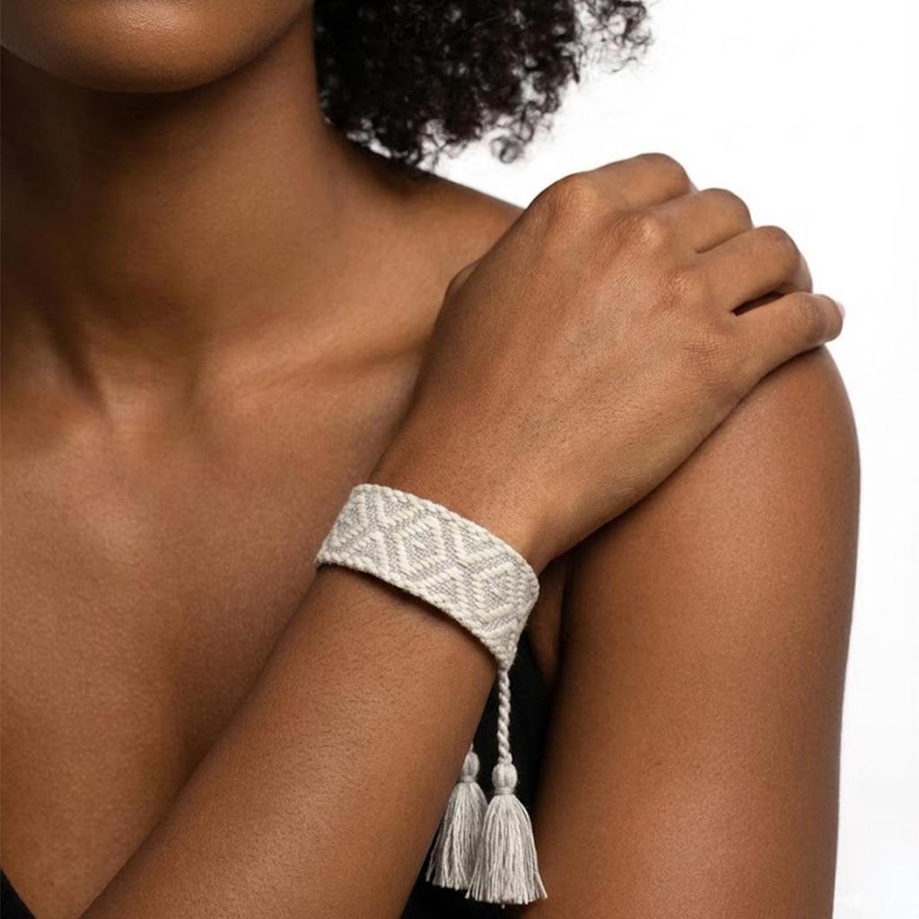Adjustable Mori Style Diamond Lattice Jacquard Tassel Bracelet
