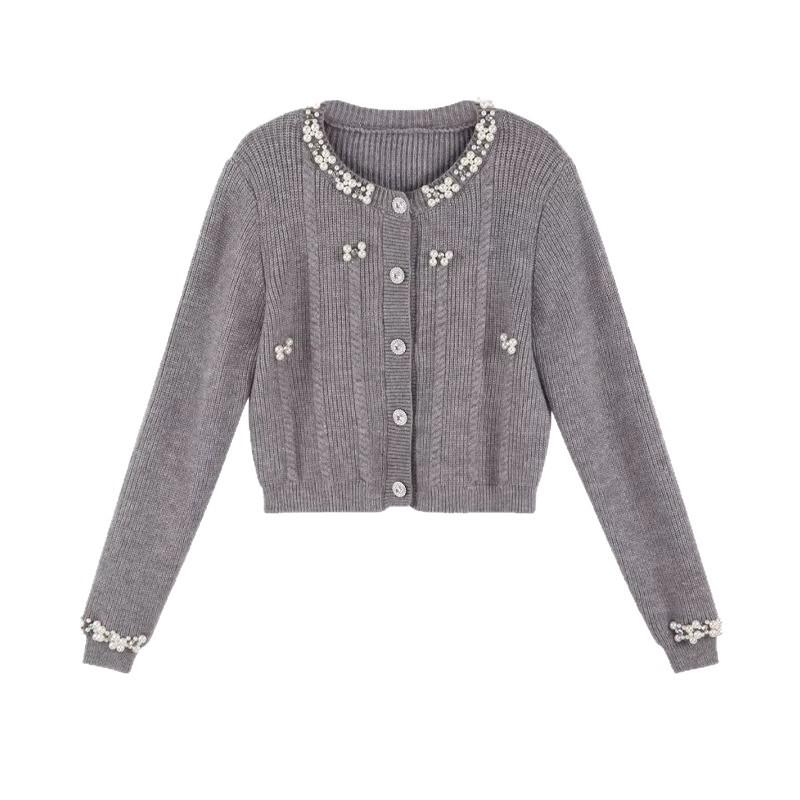 2026 Autumn/Winter French Chic Beaded Knit Jacket with Pearl Collar – Versatile Design
