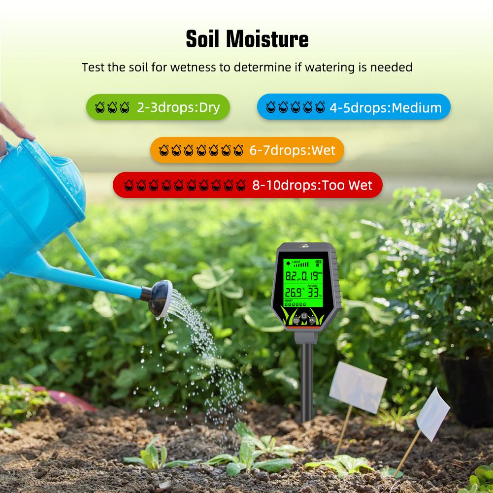 Yieryi 6-in-1 Digital Soil Tester Meter for PH,Moisture,Fertility,TempSunlight&Humidity Portable Soil Nutrient Analyzer with LCD