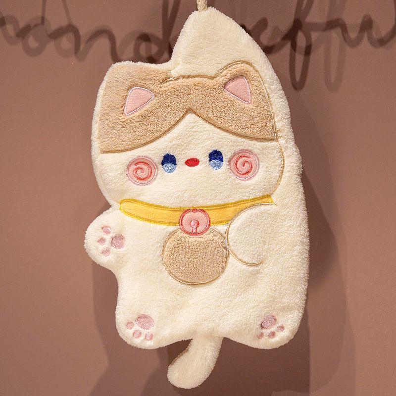 Cartoon Cat Coral Fleece Hangable Hand Towel - Thick, Absorbent, Dual-Use for Kitchen & Bathroom.