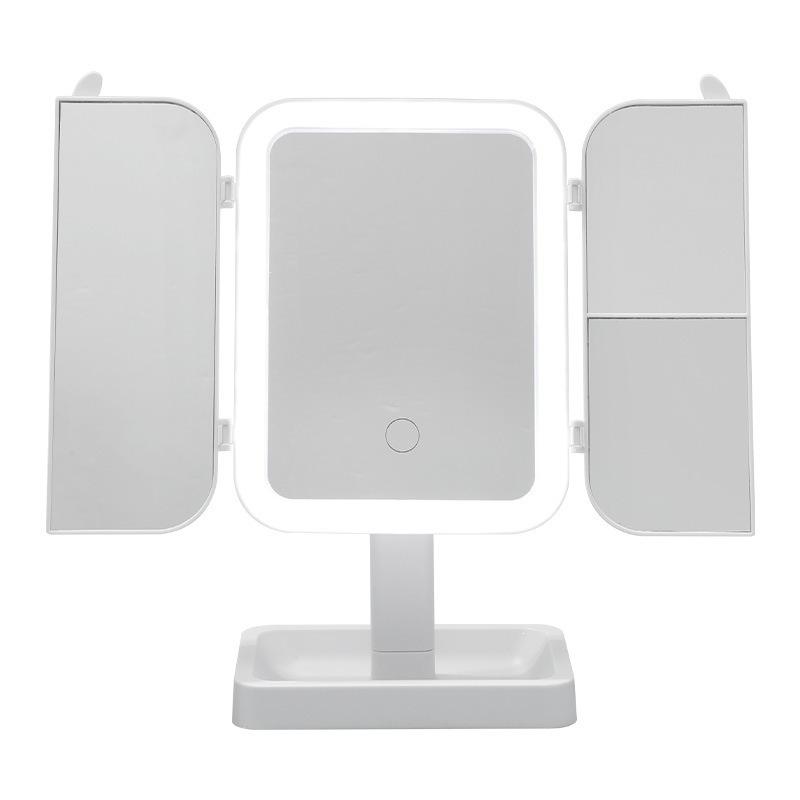 LED-Lit, Double-Sided, Triple-Fold Makeup Mirror with Rotating Desktop Stand and Three-Color Dimming for Girls