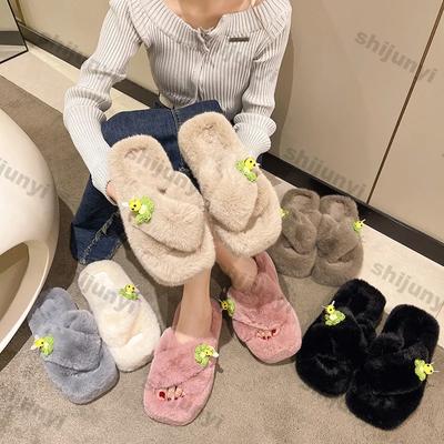 Pantuflas de Casa Mullidas de Felpa para Mujer Moda Interior Cálidas de Punta Abierta Zapatos Peludos Nuevas Casuales Peludas para Dormitorio Hogar Plataforma