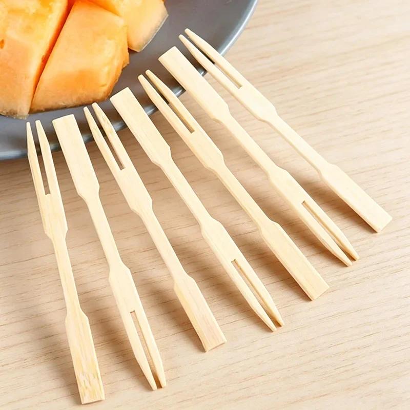 100PCS Bamboo Disposable Wooden Fruit Fork Fruit Toothpick Dessert Fork Set Party Home Tableware Supplies Disposable Forks SGC02