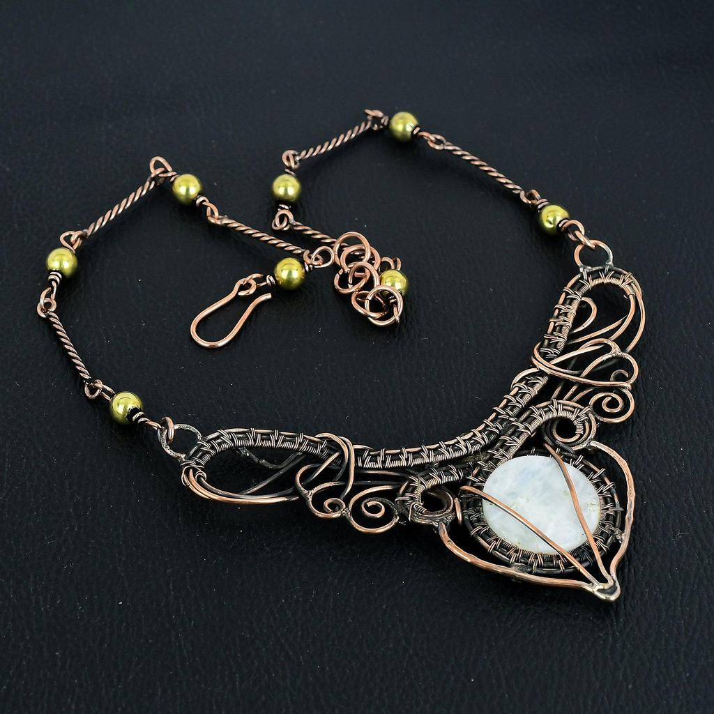 Rainbow Moonstone Necklace Gemstone Jewelry, 999 Copper Wire Wrapped Necklace, Adjustable Handmade Beautiful Jewelry Chain Necklace