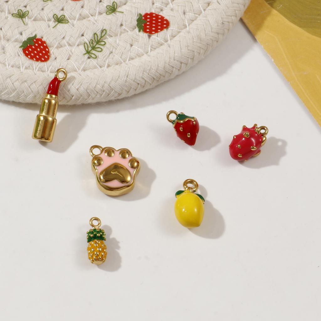 1 Piece 304 Stainless Steel Charms 18K Real Gold Plated Enamel Lipstick Strawberry Mango Pineapple Pendant Necklace DIY Making