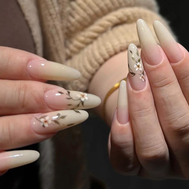 

Sweet Floral Gradient Almond Nail Art Stickers - Fresh, Pure, and Wearable False Nails