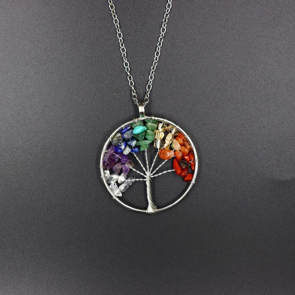 7-Color Natural Stone Money Tree Pendant Necklace - Handmade Wire-Wrapped Crystal Gravel Life Tree Ornament (N02)