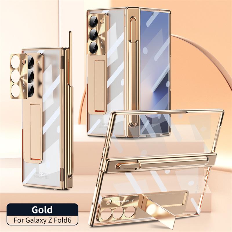 For Samsung Galaxy Z Fold 6 5 4 3 Transparent Plating PC Hinge protection Full Body Stand Pen Slot Case with Tempered Glass