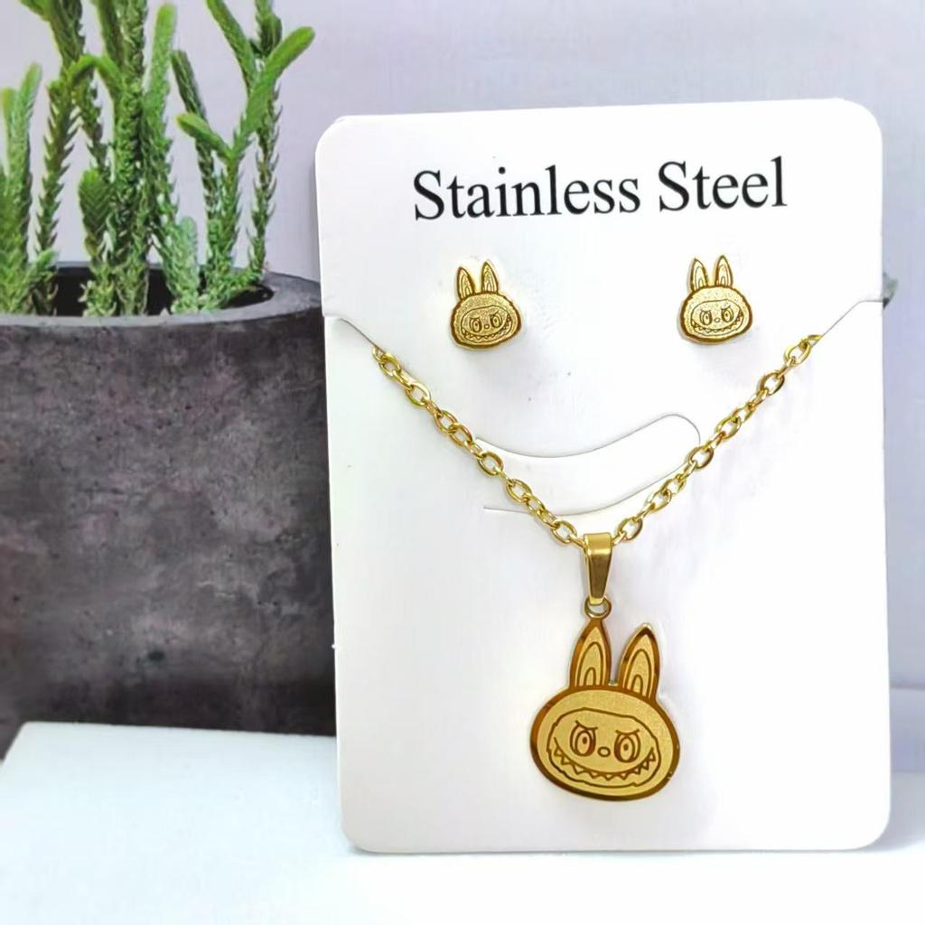 Korean-Style Sweet Cute Fabric Necklace & Titanium Steel Earrings Set