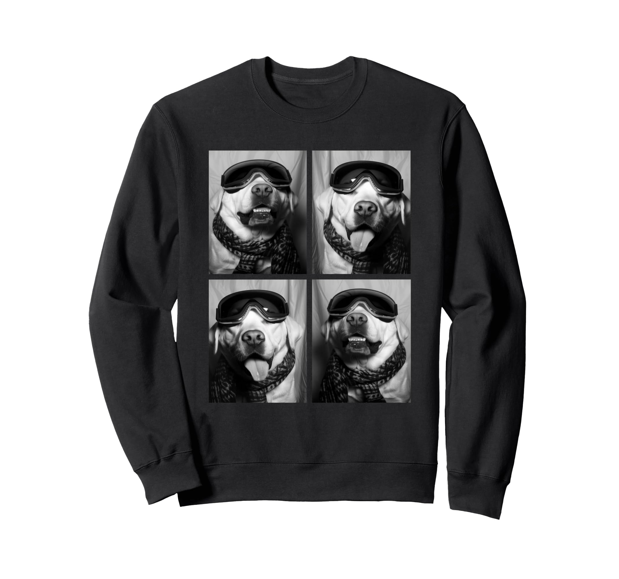 

Funny Winter Dog Sweatshirt with Cute Labrador and Snow Goggles and Scarf чёрный