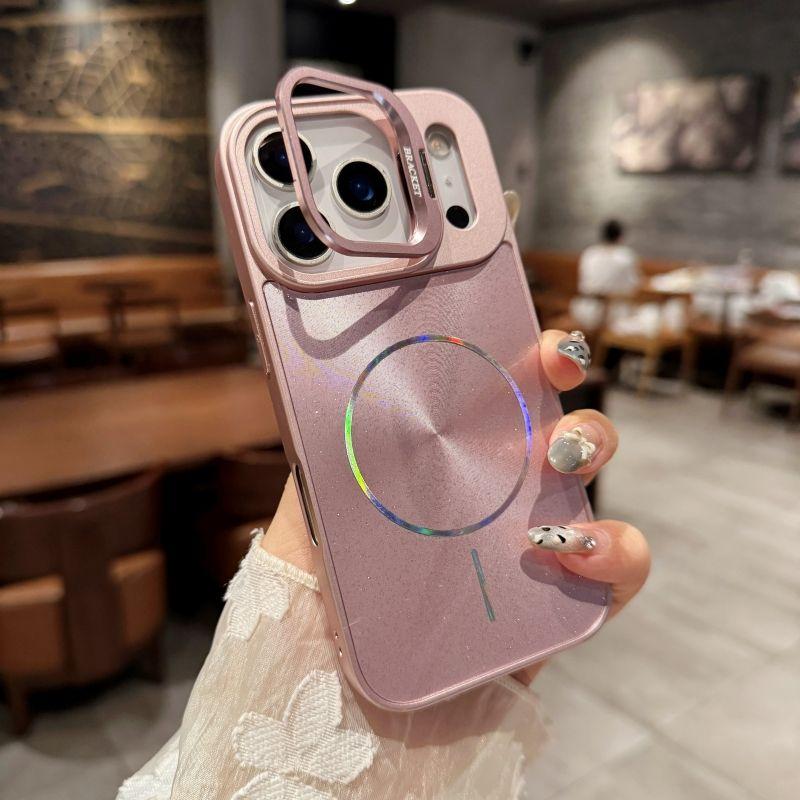 Hardware lens holder with ice crystal glitter and magnetic aurora CD pattern suitable for Apple 17PM phone protective case