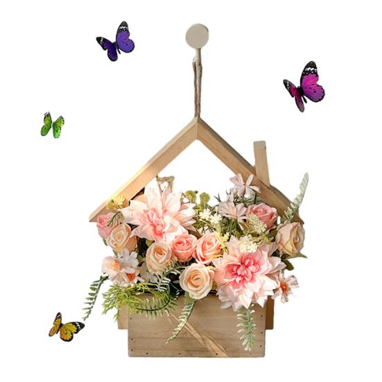 Wood Wall Planter with Artificial Plants, LED Lighted Rustic Farmhouse Wall Decor, Hanging Fake Plants Flowers Holder Vase for Bedroom Living Room