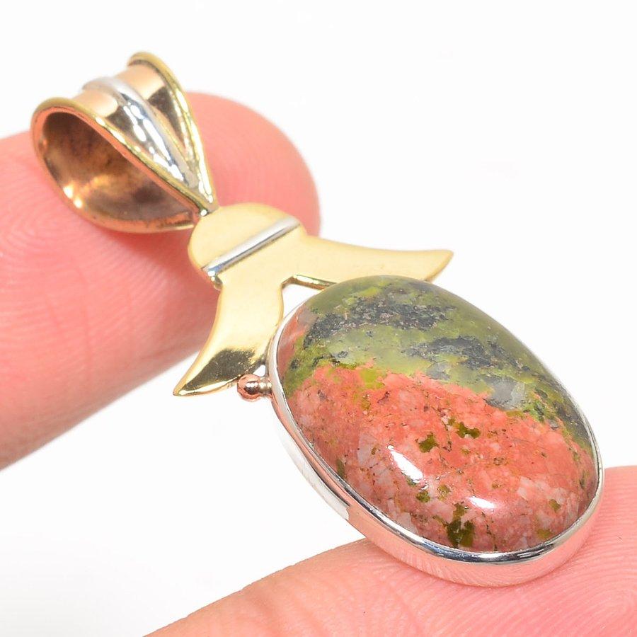 Natural Unakite Gemstone Two Tone 925 Solid Sterling Silver Pendant 1.75" m0K34