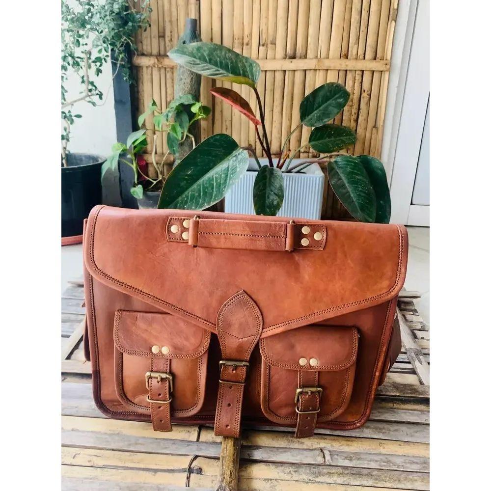 Large Real Goat Leather Vintage Brown Messenger Shoulder Bag  ( Free Sling Brown Bag Size -10 x 13 x 4 in )