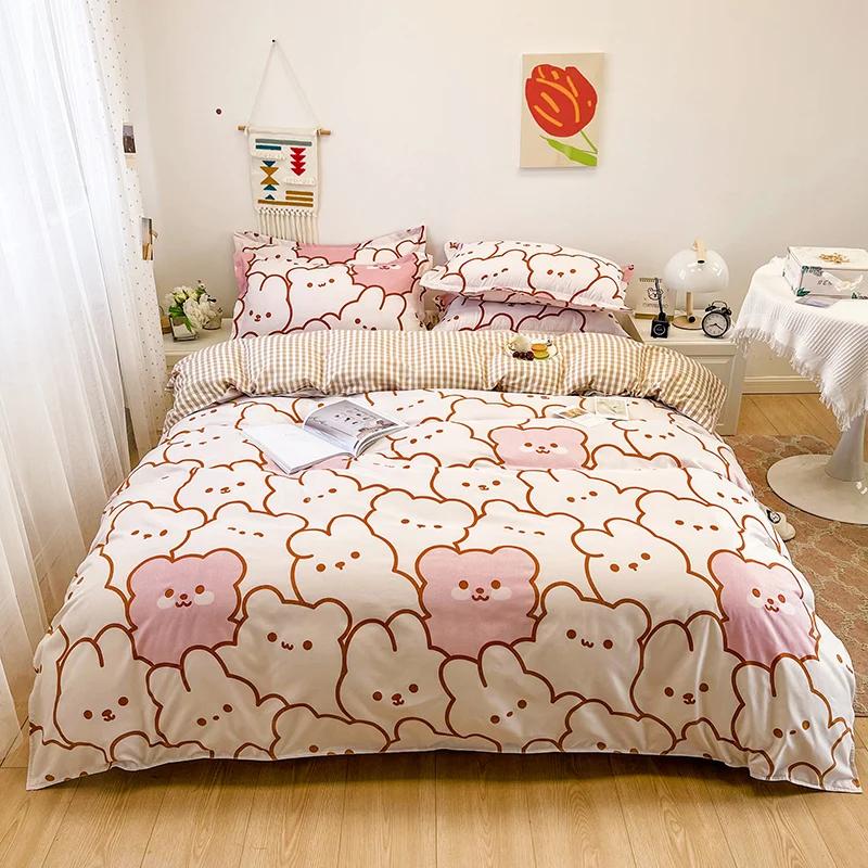 Blue Love Duvet Cover Set Heart Shaped Cute Rabbit Print Bedding Sets For Women Girls Teens Bed Set Flat Sheet Reversible Covers