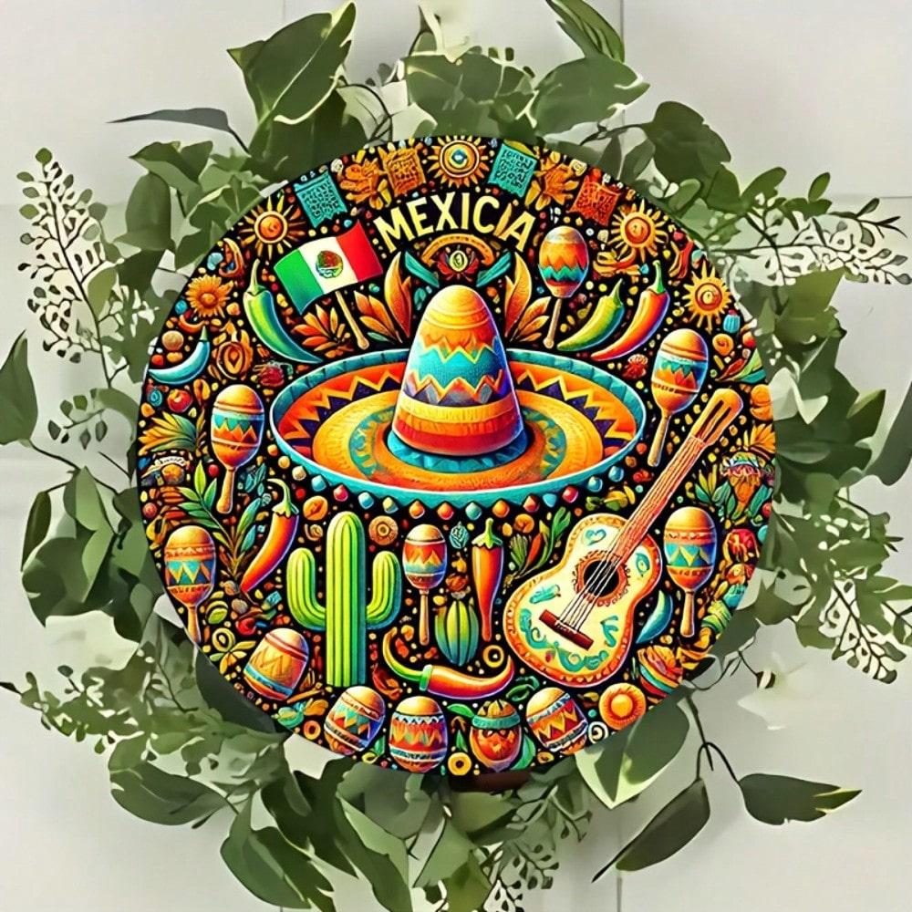 Vintage Mexican Aluminum Wall Art 8 Inch Round Metal Sign for Home Bar Decor 20x20