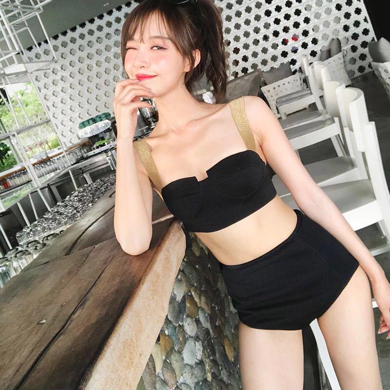 2024 New Korean Style Solid Color High Waist Tummy Control Bikini Swimwear