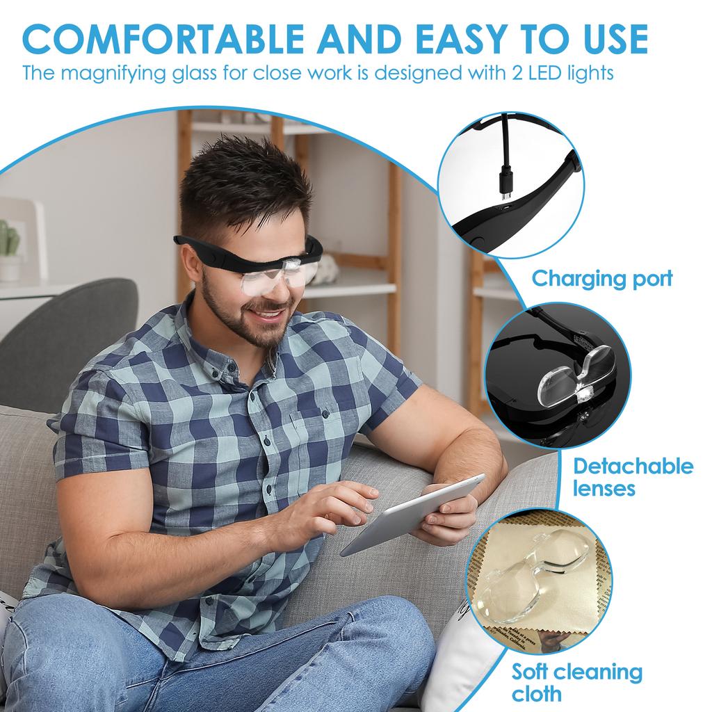 Head-mounted Magnifying Glasses with Light USB Rechargeable Magnifier 1.5X 2.5X 3.5X 5X Magnifier for Reading Watchmaker Repairs