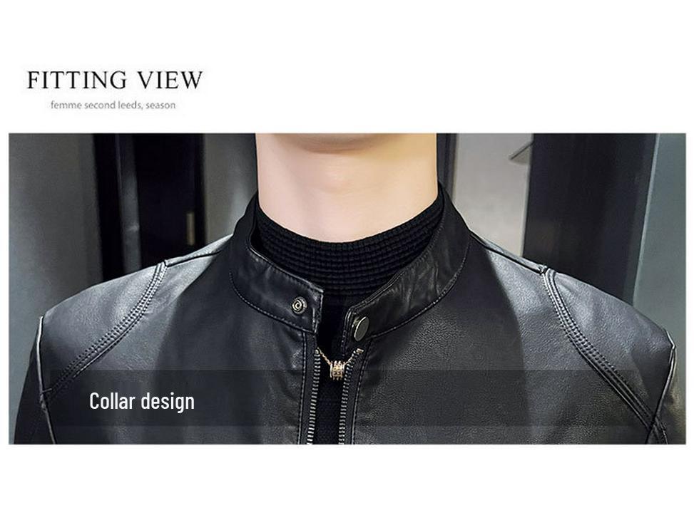 New Men's Slim Fit PU Leather Stand-Collar Jacket - Trendy Motorcycle Outerwear for Youth, Autumn/Winter.