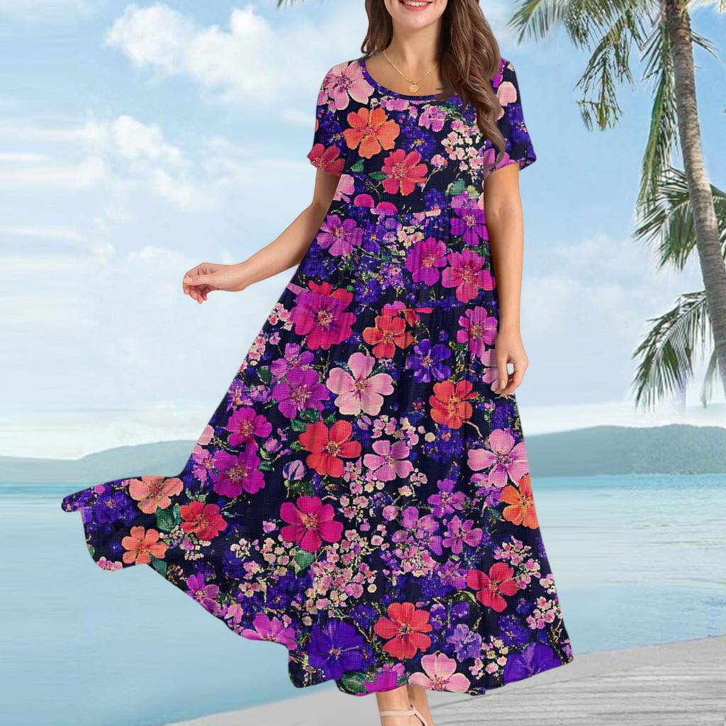 Women's Casual Loose Bohemian Floral Print Short Sleeve Dress