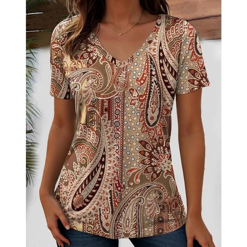 Summer V-neck 3D Retro Printed Top Fashionable Casual Short Sleeved Women's T-shirts