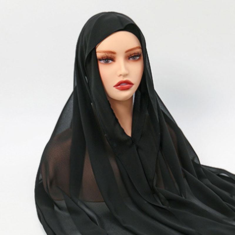 Chiffon Hijab with Magnetic Buckle Solid Color Woman Muslim Hijab Scarf Islamic Turban Fashion Headband Shawl