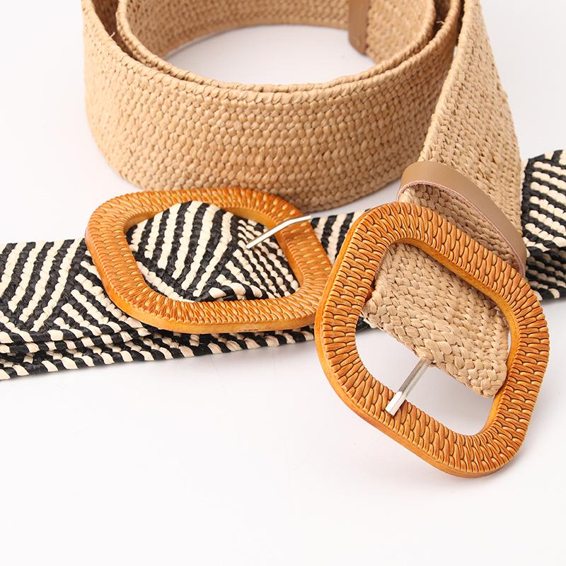 Women's Wide Round Buckle Elastic Belt - Cotton & Linen, Straw Style, Mori Girl Fashion.