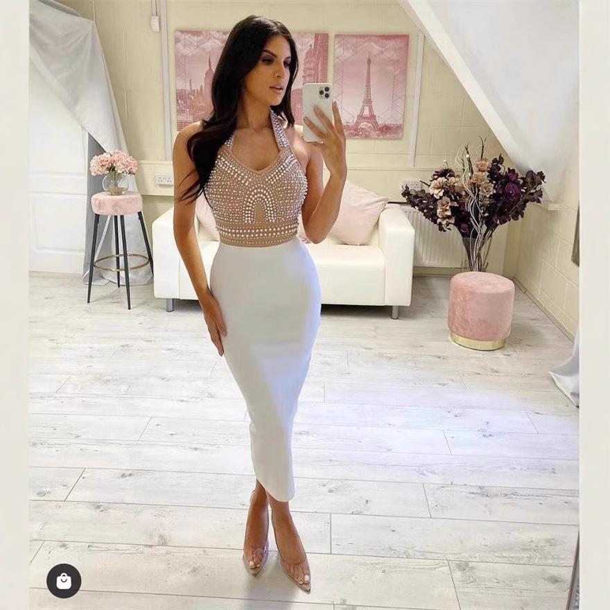 2022 Halter V-Neck Beaded Bandage Midi Dress - Slimming Evening Style