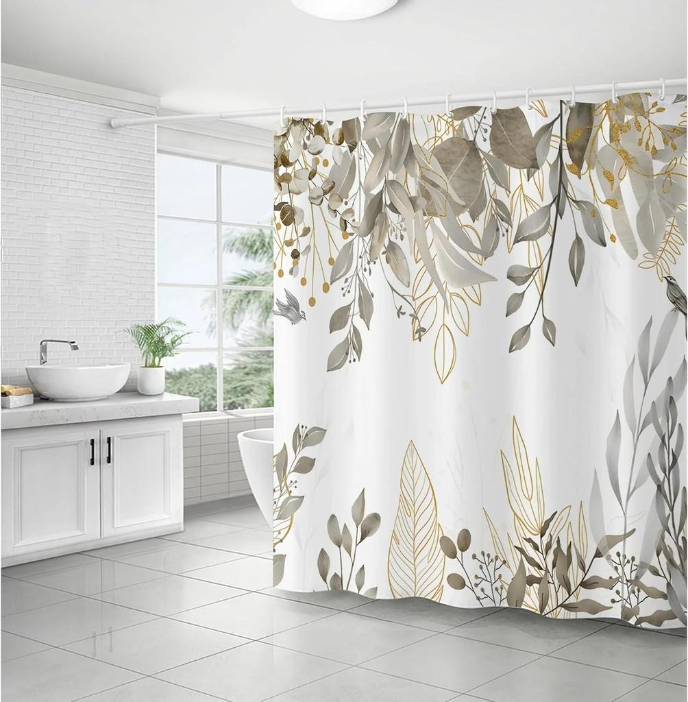Grey Tan Eucalyptus Leaves Shower Curtain, Beige Weeping Branches Design, Waterproof Fabric Bathroom Curtain