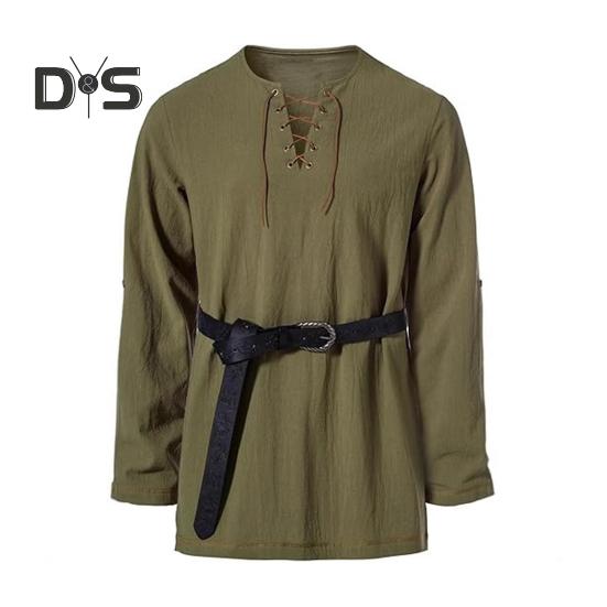 Pánské vintage šněrovací tričko s dlouhým rukávem a límečkem Henry, jarní podzimní jednobarevné tričko pro každodenní nošení, vystoupení, cosplay