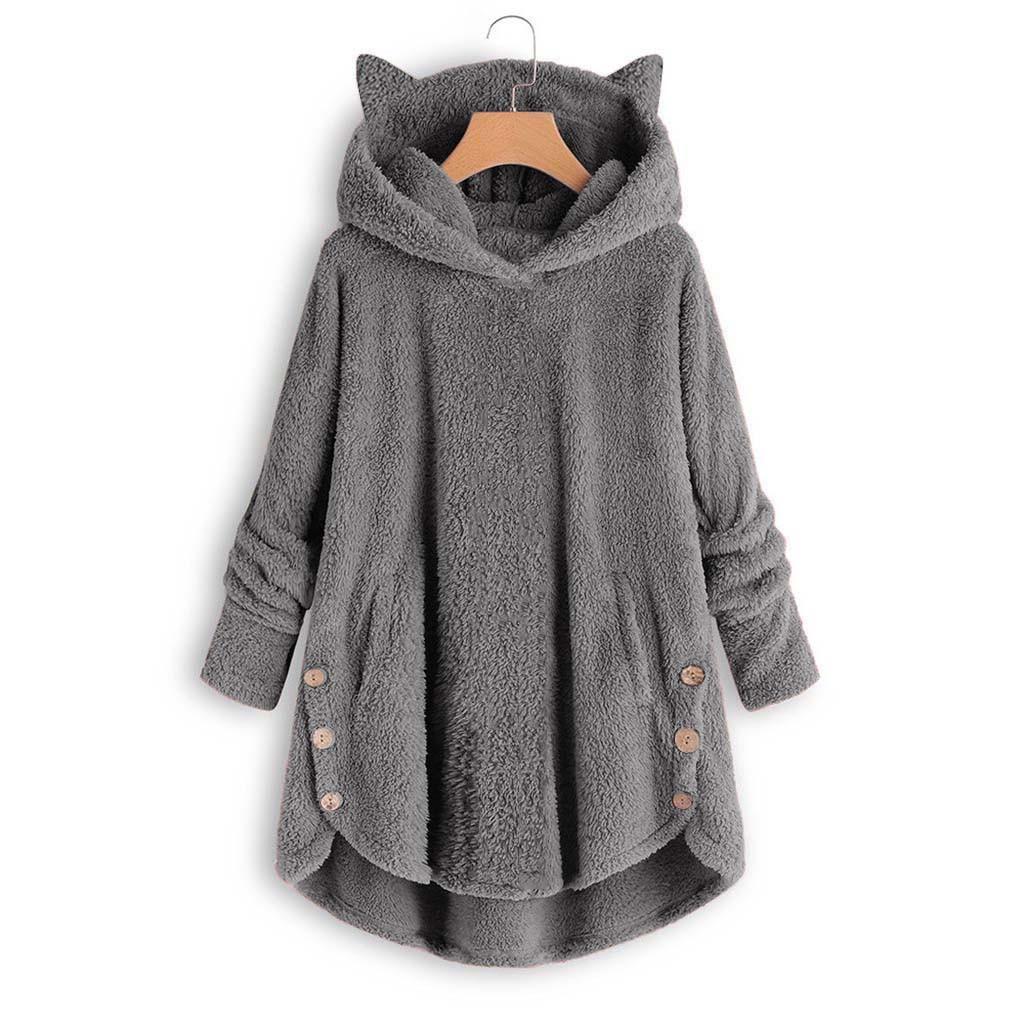 Women Button Coat SolidTops Hooded Pullover Loose Sweater Blouse Plus Size