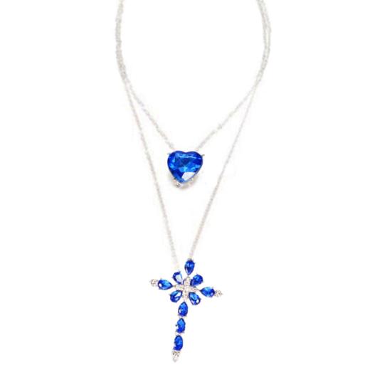 Women Two Layer Cross Heart Full Rhinestones Pendant Necklace Chain Jewelry Gift