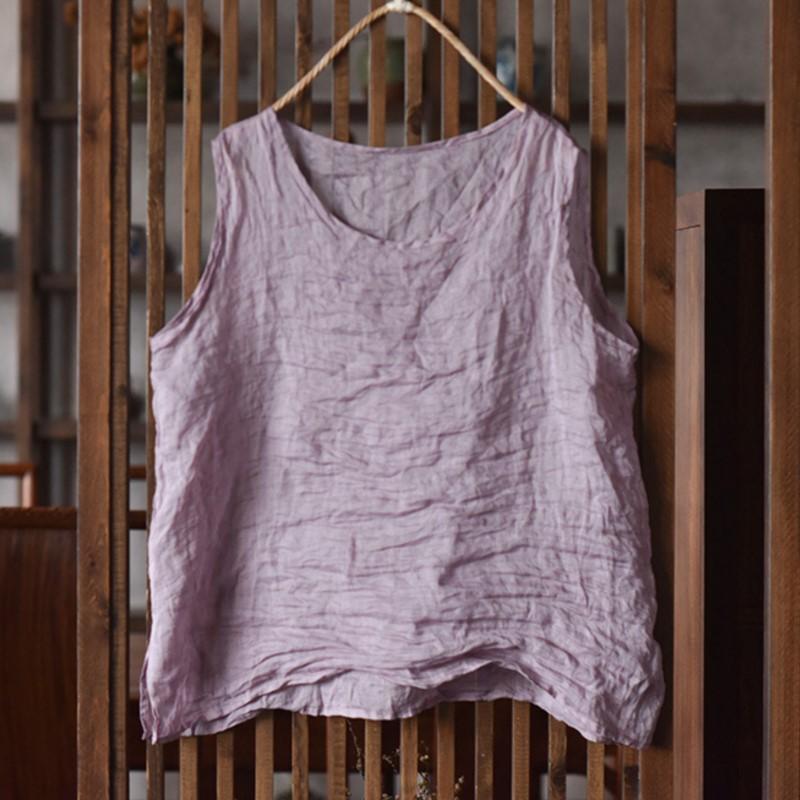 Johnature Women Vintage Tank Tops Solid Color O-Neck Cloths Summer Loose Casual Women Tank