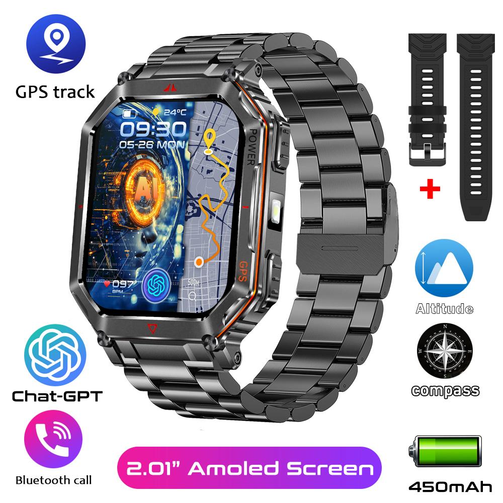 Military Smart Watch for Men with GPS Compass GPT Voice Assistant Smartwatch with LED Flashlight Bluetooth Call Fitness Tracker for Android & iOS