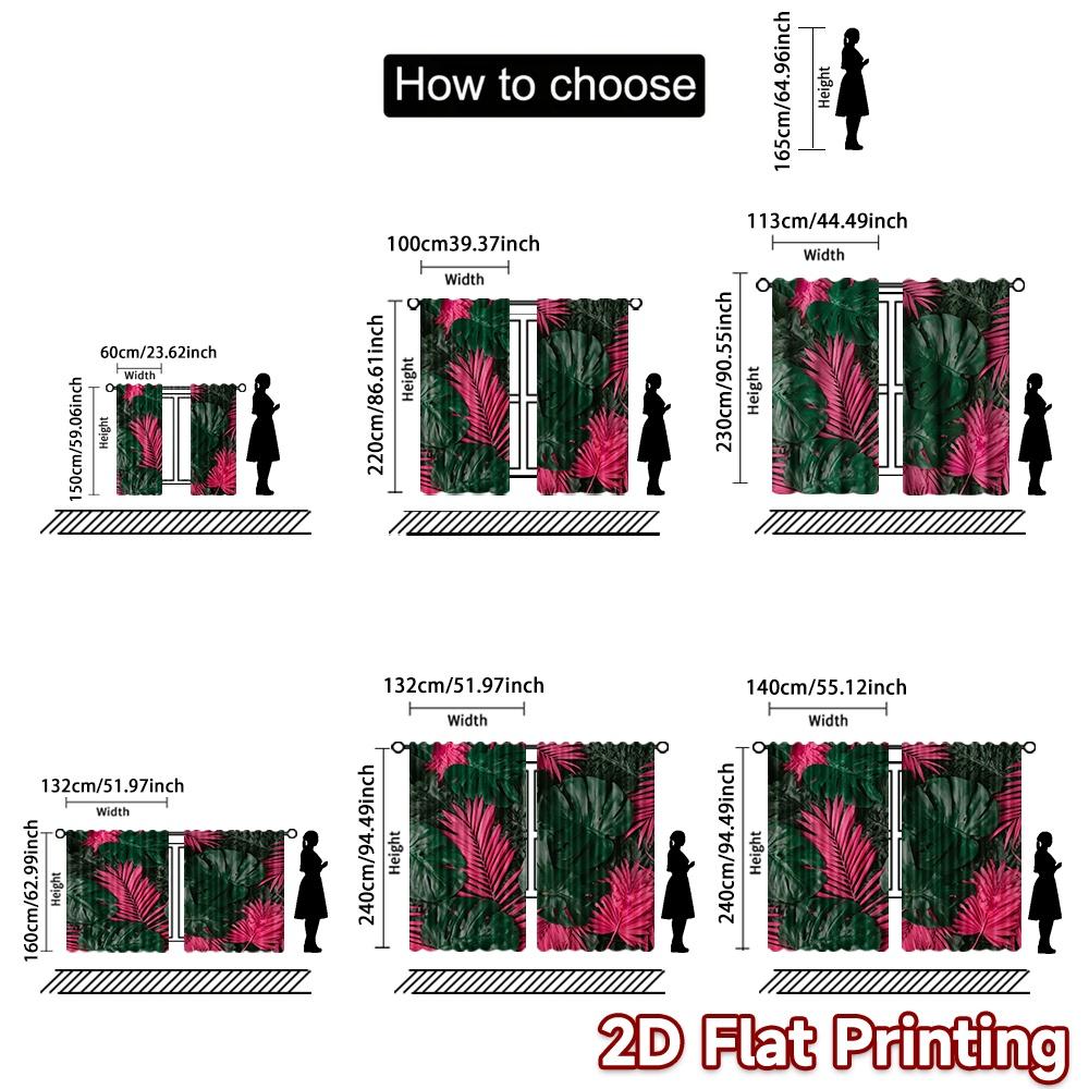 2D Flat Printing 2pcs Curtain Party Curtain Tropical Green and Pink Leaves Digital Printed Polyester Drapes Festive Curtains