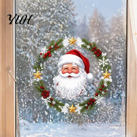 Holiday Glass Decals Christmas Window Clings, Cute Santa Claus Wreath Sticker, Cartoon Clings Static Decal for Office Shop Winter Party Decoration